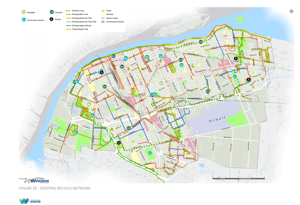 A map of Windsor showing existing cycling networks in the city, showing that there are areas of the city with limited bike lanes that can connect to the location of the proposed National Urban Park.