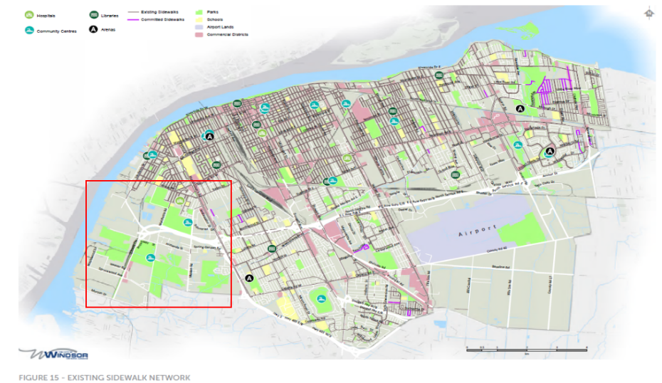 A map of Windsor showing existing sidewalk networks in the city. An area surrounding the proposed National Urban Park is highlighted, and has a noticeable lack of sidewalk infrastructure.