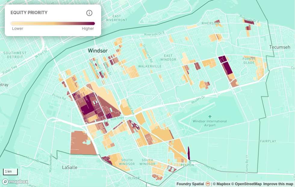 A map of Windsor showing data on newcomer populations and park availability. Areas with higher than median proportions of newcomers and lower than median levels of parks availability are highlighted in red. There is a cluster of neighbourhoods in the city's west end that are highlighted in red, indicating that they are equity priority areas in Windsor.