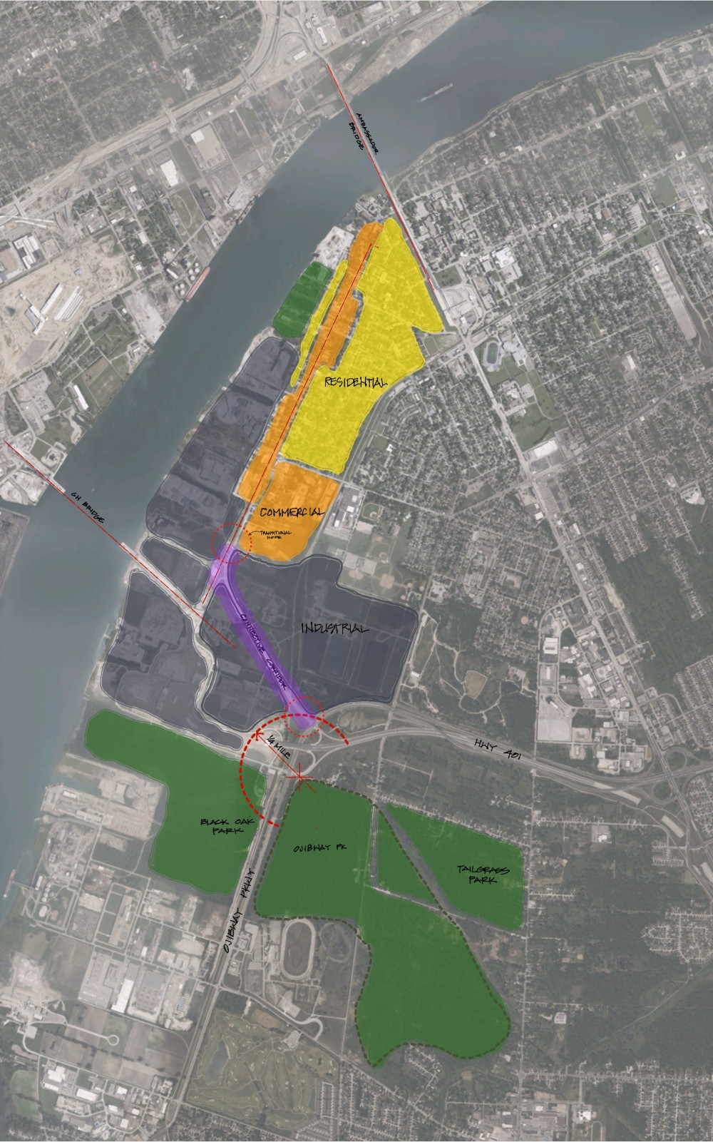 Aerial view revealing the stark urban divide around Ojibway Park in Windsor. A large industrial zone and Highway 401 create significant barriers between residential neighborhoods and the parkland system. The residential area (yellow) and commercial district (orange) are effectively cut off from Black Oak and Tallgrass Parks (green) by industrial lands (gray) and major roadways, highlighting the critical need for better connectivity. A potential area of connectivity (purple) suggests a potential solution to bridge this divide.