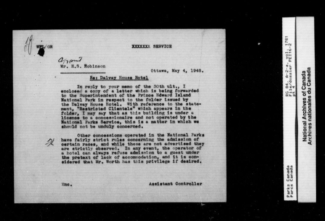 A 1948 memo to the operator of the Dalvay House Hotel supporting the refusal of admission to certain racial groups.